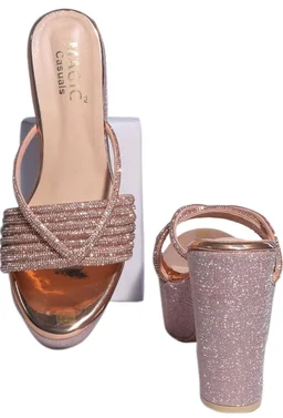 Women’s Stylish Platform Block Heel Sandals with Glitter Finish, Cross Strap Design, Cushioned Insole & Slip-On Comfort – Perfect for Weddings, Receptions, Festive & Evening