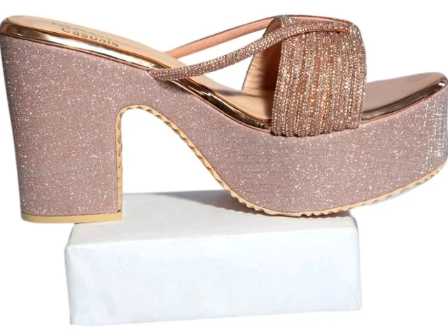 Women’s Stylish Platform Block Heel Sandals with Glitter Finish, Cross Strap Design, Cushioned Insole & Slip-On Comfort – Perfect for Weddings, Receptions, Festive & Evening