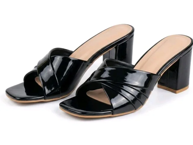 Women's Black Patent Leather Square Open Toe Block Heel Mules Sandals