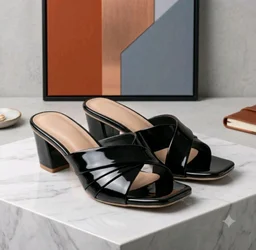 Women's Black Patent Leather Square Open Toe Block Heel Mules Sandals
