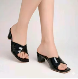 Women's Black Patent Leather Square Open Toe Block Heel Mules Sandals