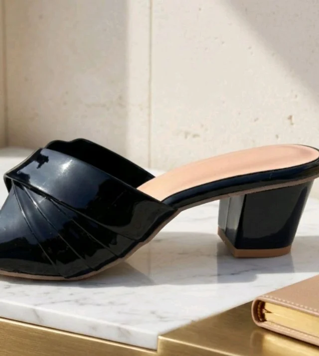 Women's Black Patent Leather Square Open Toe Block Heel Mules Sandals
