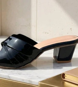 Women's Black Patent Leather Square Open Toe Block Heel Mules Sandals