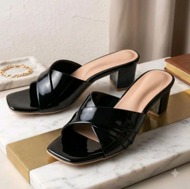 Women's Black Patent Leather Square Open Toe Block Heel Mules Sandals
