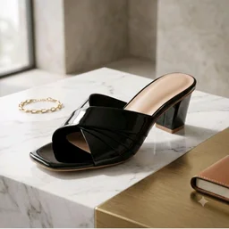Women's Black Patent Leather Square Open Toe Block Heel Mules Sandals