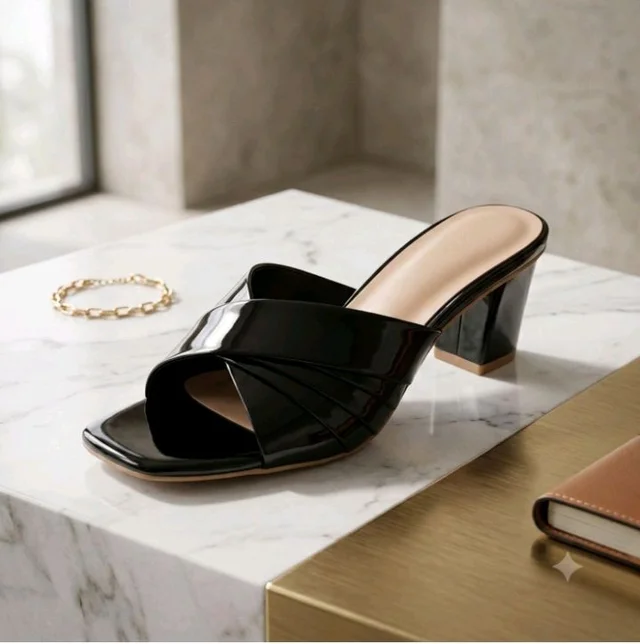 Women's Black Patent Leather Square Open Toe Block Heel Mules Sandals