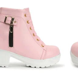 Women's Embellished Block Heel Boots | Luxury Synthetic Leather Booties with Zip and Buckle Detailing