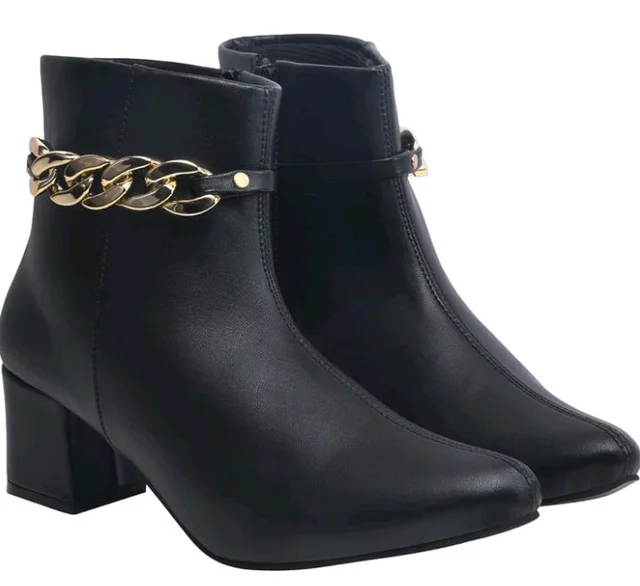 Shoetopia Women's Synthetic Leather Ankle Boots – Stylish Block Heel Zip Closure Boots with Golden Buckle Detail for Casual & Party Footwear