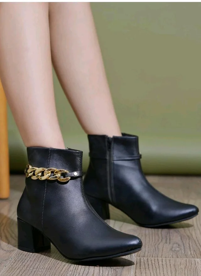 Shoetopia Women's Synthetic Leather Ankle Boots – Stylish Block Heel Zip Closure Boots with Golden Buckle Detail for Casual & Party Footwear