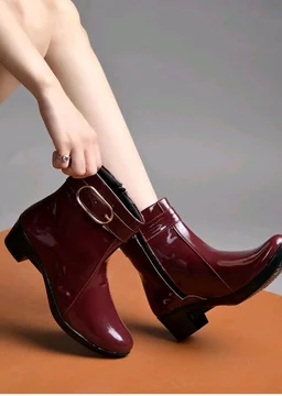 Shoetopia Women's Synthetic Leather Ankle Boots – Stylish Block Heel Zip Closure Boots with Golden Buckle Detail for Casual & Party Footwear