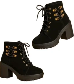 Women's Black Valvet Suede Ankle Boots with Lace-Up Detail, Block Heel, Platform Sole CF_S20