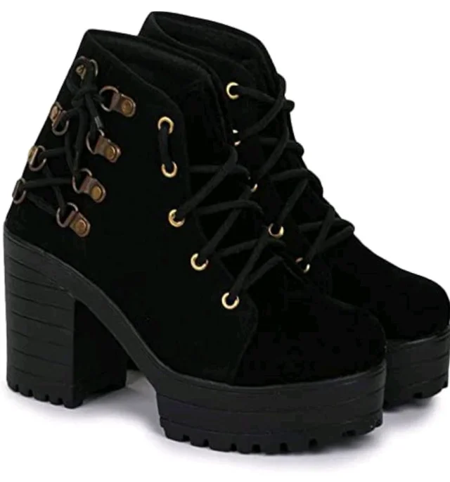 Women's Black Valvet Suede Ankle Boots with Lace-Up Detail, Block Heel, Platform Sole CF_S20