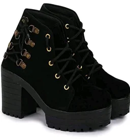 Women's Black Valvet Suede Ankle Boots with Lace-Up Detail, Block Heel, Platform Sole CF_S20