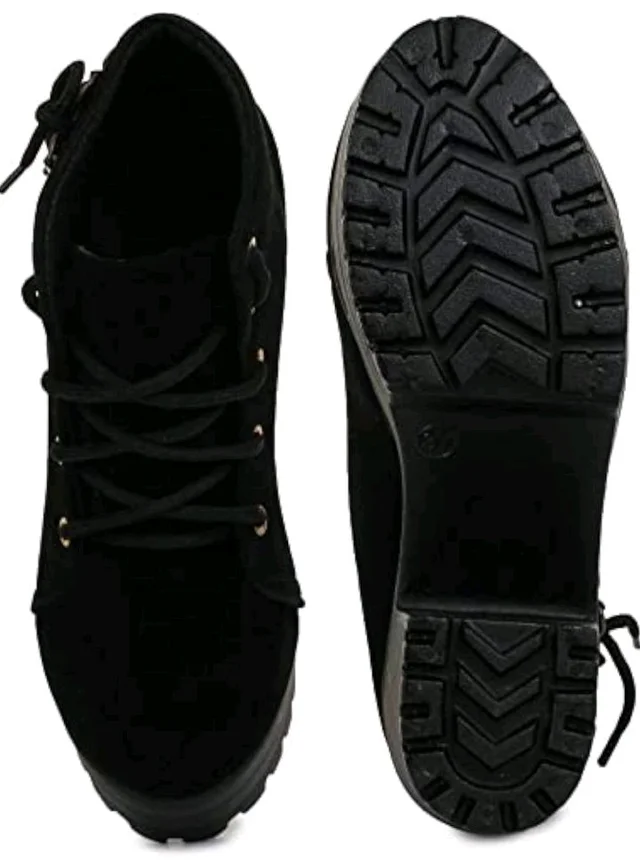 Women's Black Valvet Suede Ankle Boots with Lace-Up Detail, Block Heel, Platform Sole CF_S20