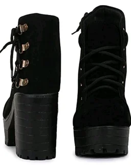 Women's Black Valvet Suede Ankle Boots with Lace-Up Detail, Block Heel, Platform Sole CF_S20