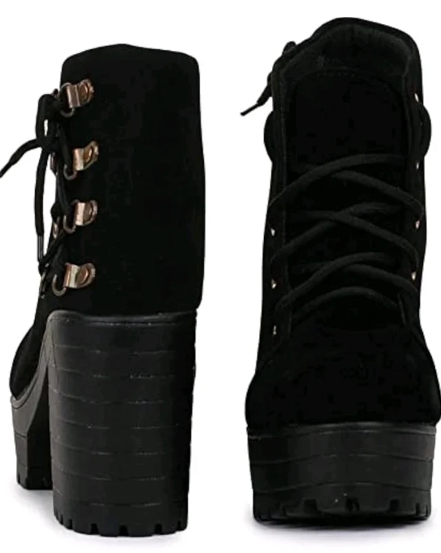 Women's Black Valvet Suede Ankle Boots with Lace-Up Detail, Block Heel, Platform Sole CF_S20
