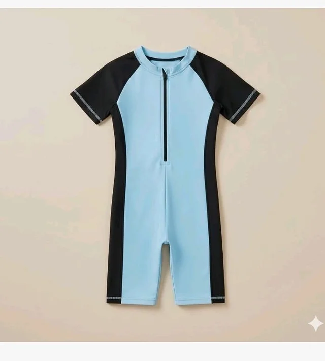 A.T.U.N. (ALL THINGS UBER NICE) Boys One Piece Swimsuit with Front Zip Closure | Half Sleeve Athletic Swimwear with Knee Length Fit | Comfortable Pool and Beach Swimming Costume for Kids - 4-5 y, Blue Navy