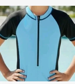 A.T.U.N. (ALL THINGS UBER NICE) Boys One Piece Swimsuit with Front Zip Closure | Half Sleeve Athletic Swimwear with Knee Length Fit | Comfortable Pool and Beach Swimming Costume for Kids - 7-8 y, Blue Navy