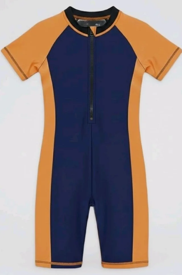 A.T.U.N. (ALL THINGS UBER NICE) Boys One Piece Swimsuit with Front Zip Closure | Half Sleeve Athletic Swimwear with Knee Length Fit | Comfortable Pool and Beach Swimming Costume for Kids - 5-6 y, Navy Mastard