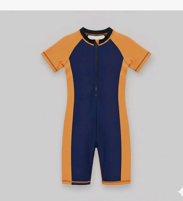 A.T.U.N. (ALL THINGS UBER NICE) Boys One Piece Swimsuit with Front Zip Closure | Half Sleeve Athletic Swimwear with Knee Length Fit | Comfortable Pool and Beach Swimming Costume for Kids - 7-8 y, Navy Mastard