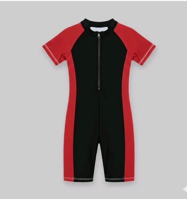 A.T.U.N. (ALL THINGS UBER NICE) Boys One Piece Swimsuit with Front Zip Closure | Half Sleeve Athletic Swimwear with Knee Length Fit | Comfortable Pool and Beach Swimming Costume for Kids - 7-8 y, Black Maroon