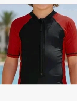 A.T.U.N. (ALL THINGS UBER NICE) Boys One Piece Swimsuit with Front Zip Closure | Half Sleeve Athletic Swimwear with Knee Length Fit | Comfortable Pool and Beach Swimming Costume for Kids - 8-9 y, Black Maroon