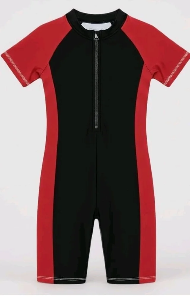 A.T.U.N. (ALL THINGS UBER NICE) Boys One Piece Swimsuit with Front Zip Closure | Half Sleeve Athletic Swimwear with Knee Length Fit | Comfortable Pool and Beach Swimming Costume for Kids - 11-12 y, Black Maroon
