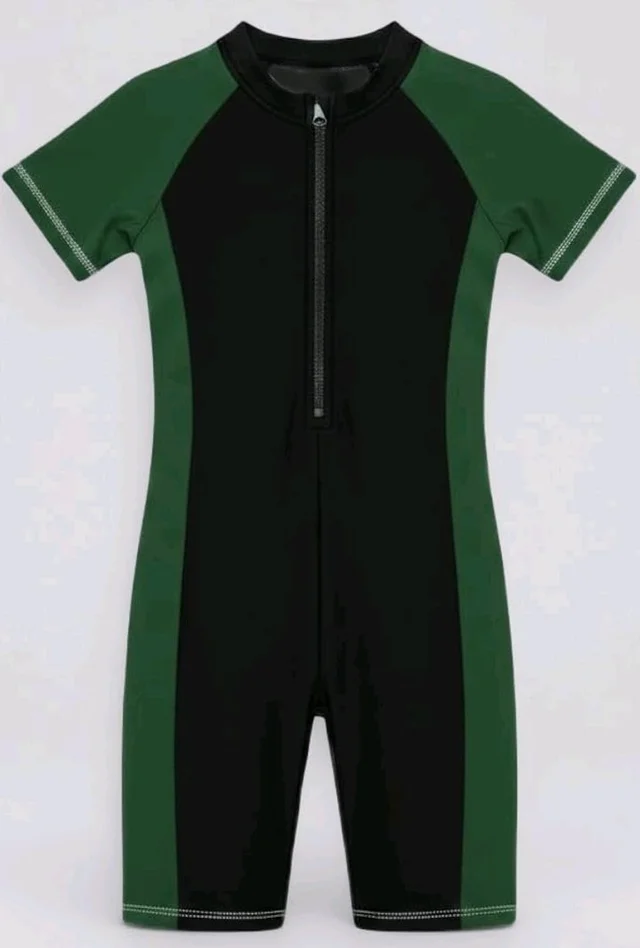 A.T.U.N. (ALL THINGS UBER NICE) Boys One Piece Swimsuit with Front Zip Closure | Half Sleeve Athletic Swimwear with Knee Length Fit | Comfortable Pool and Beach Swimming Costume for Kids - 12-13 y, Black Green