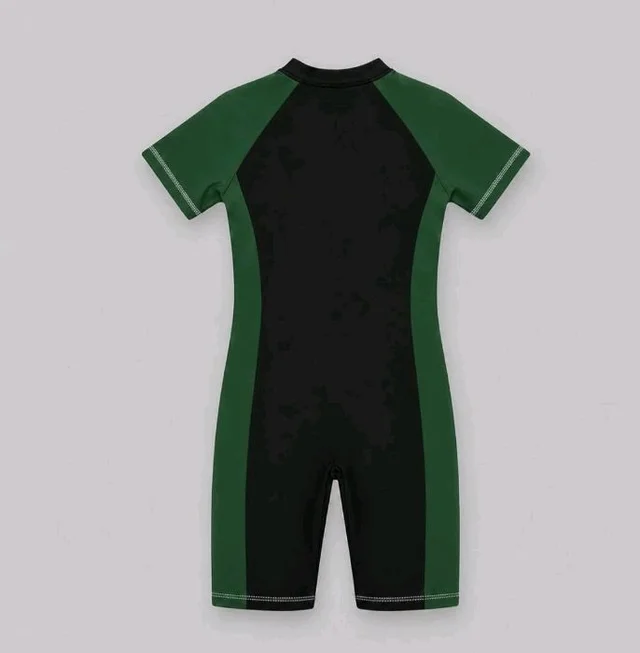 A.T.U.N. (ALL THINGS UBER NICE) Boys One Piece Swimsuit with Front Zip Closure | Half Sleeve Athletic Swimwear with Knee Length Fit | Comfortable Pool and Beach Swimming Costume for Kids - 12-13 y, Black Green