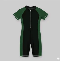 A.T.U.N. (ALL THINGS UBER NICE) Boys One Piece Swimsuit with Front Zip Closure | Half Sleeve Athletic Swimwear with Knee Length Fit | Comfortable Pool and Beach Swimming Costume for Kids - 13-14 y, Black Green