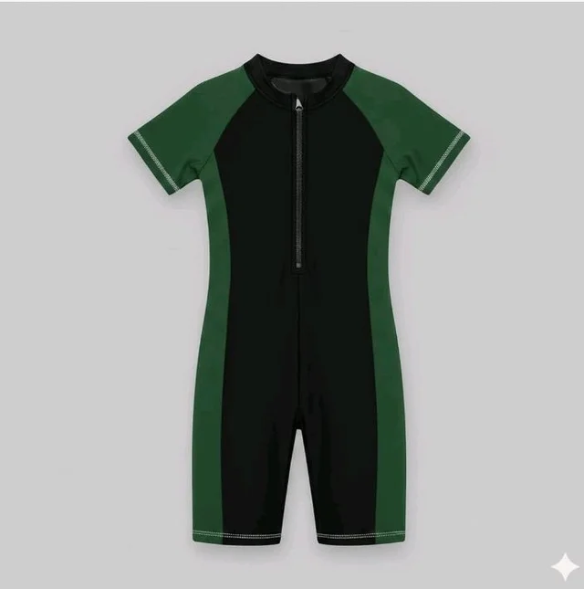 A.T.U.N. (ALL THINGS UBER NICE) Boys One Piece Swimsuit with Front Zip Closure | Half Sleeve Athletic Swimwear with Knee Length Fit | Comfortable Pool and Beach Swimming Costume for Kids - 2-3 y, Black Green