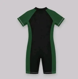 A.T.U.N. (ALL THINGS UBER NICE) Boys One Piece Swimsuit with Front Zip Closure | Half Sleeve Athletic Swimwear with Knee Length Fit | Comfortable Pool and Beach Swimming Costume for Kids - 2-3 y, Black Green