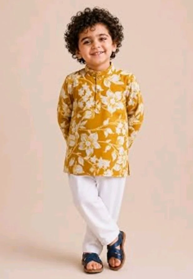 A.T.U.N. (ALL THINGS UBER NICE) Boys 100% Cotton Kurta Pyjama Set | Traditional Ethnic Wear Outfit for Kids | Soft Breathable Printed Kurta with Comfortable Pyjama | Festive Celebration Clothing Set
- 0-6 M, Mustard