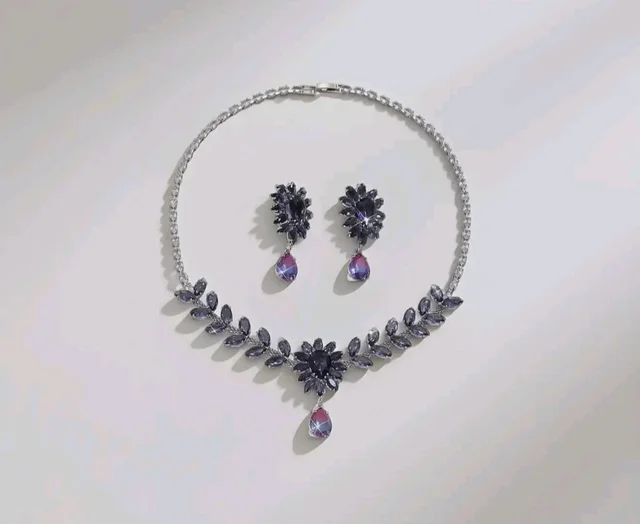 Shining Diva Fashion American Diamond Necklace Set for Women | Luxury Floral Design Choker with Matching Earrings | Premium Latest Stylish Silver-Tone Statement Jewellery
