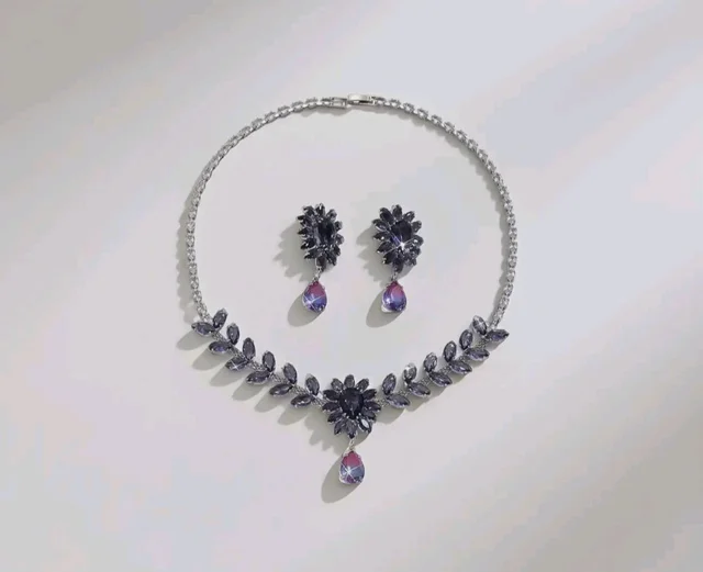 Shining Diva Fashion American Diamond Necklace Set for Women | Luxury Floral Design Choker with Matching Earrings | Premium Latest Stylish Silver-Tone Statement Jewellery