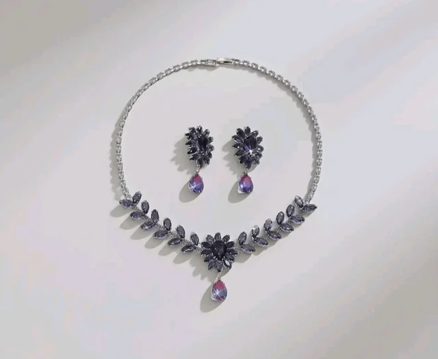 Shining Diva Fashion American Diamond Necklace Set for Women | Luxury Floral Design Choker with Matching Earrings | Premium Latest Stylish Silver-Tone Statement Jewellery