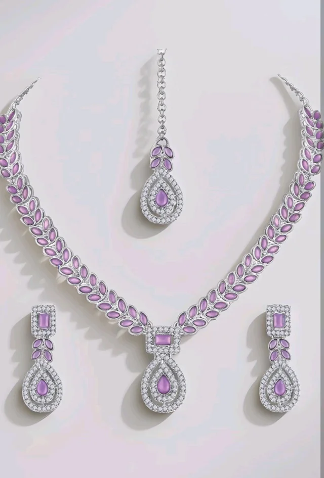 Atasi International AD Diamond Kundan Style Silver Plated Crystals Necklace