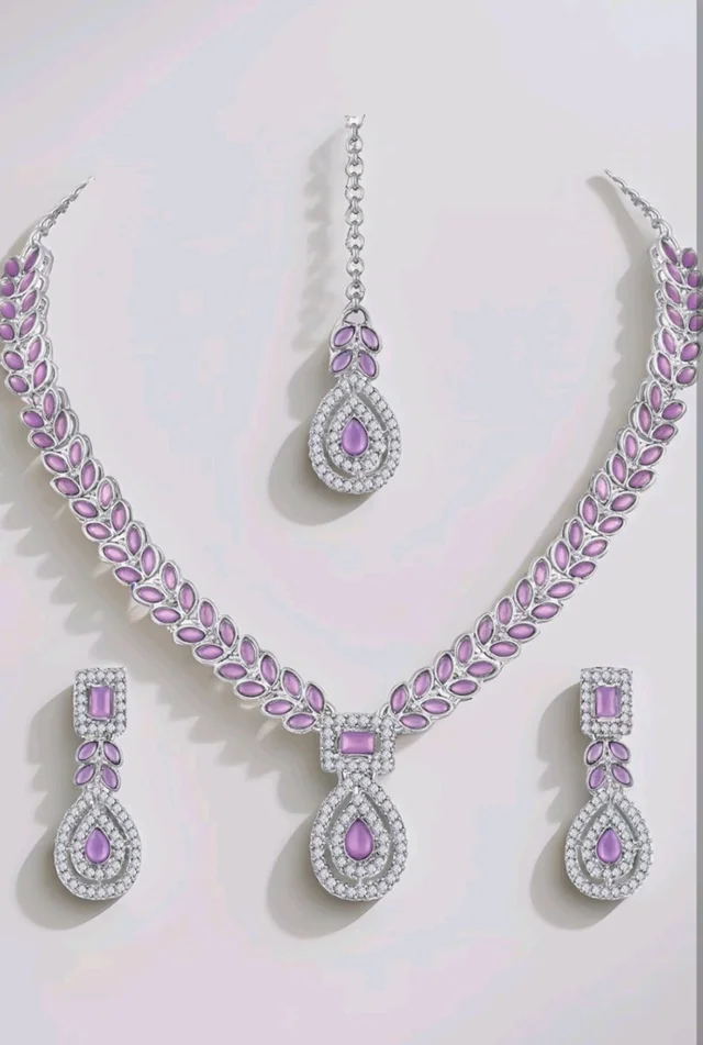Atasi International AD Diamond Kundan Style Silver Plated Crystals Necklace
