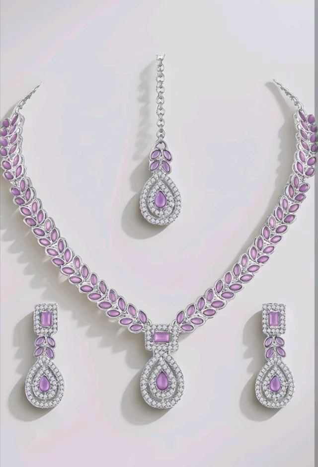 Atasi International AD Diamond Kundan Style Silver Plated Crystals Necklace
