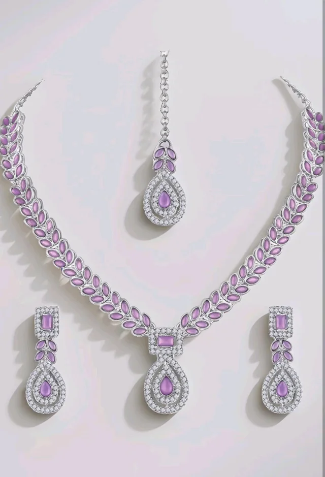 Atasi International AD Diamond Kundan Style Silver Plated Crystals Necklace