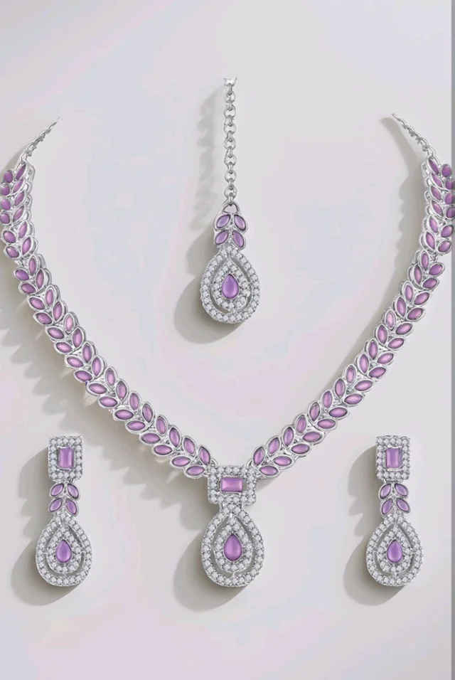 Atasi International AD Diamond Kundan Style Silver Plated Crystals Necklace