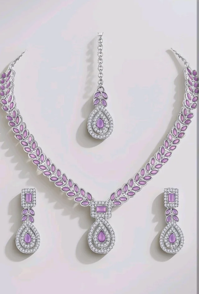 Atasi International AD Diamond Kundan Style Silver Plated Crystals Necklace