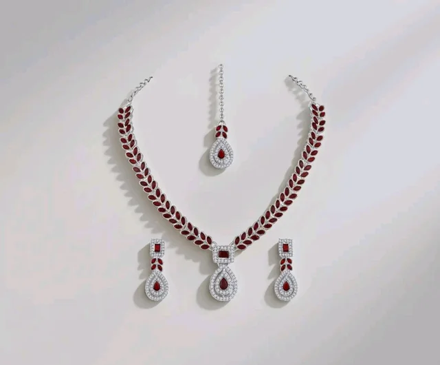 Atasi International AD Diamond Kundan Style Silver Plated Crystals Necklace