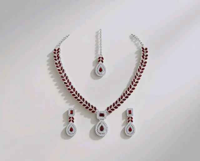 Atasi International AD Diamond Kundan Style Silver Plated Crystals Necklace