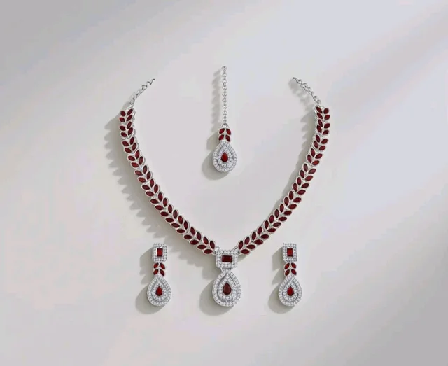 Atasi International AD Diamond Kundan Style Silver Plated Crystals Necklace