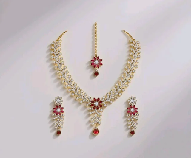 Atasi International Diamond Necklace Jewellery Set for Women with Earrings and Maang Tikka for Wedding, Engagements & Festivals