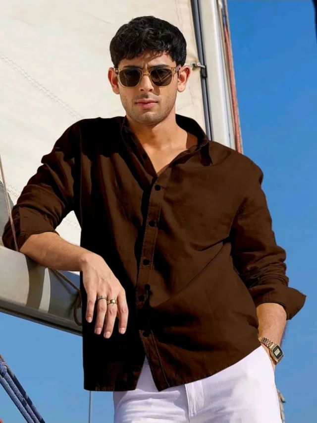 MahadevEmporium Men Relaxed Fit Fit Solid Curved Collar Casual - M, Brown