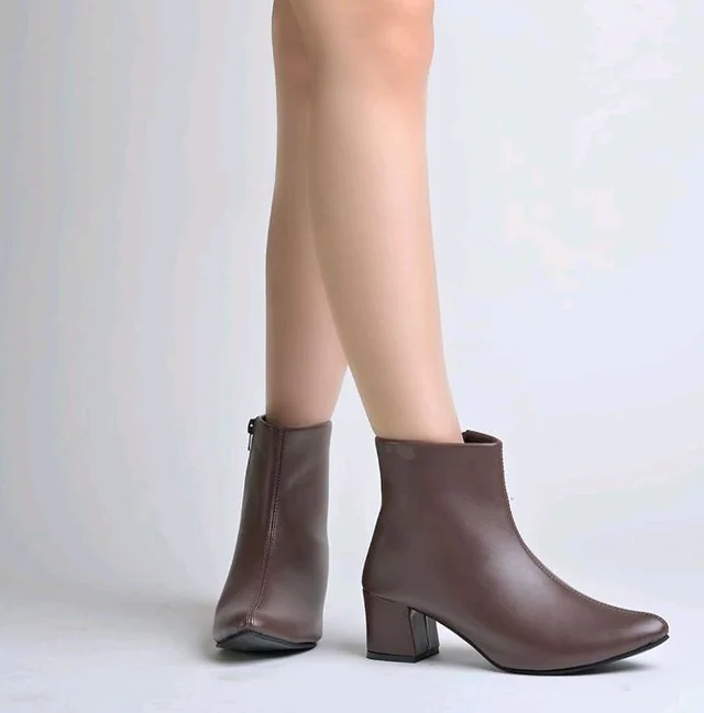 Shoetopia Women's Ankle Boots – Faux Leather Pointed Toe Booties with Side Zip & Mid Block Heel for Work, Party & Everyday