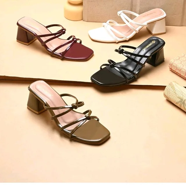 Women's Block Heel Sandals | Stylish Knot Strap Slip-On Heels | Square Toe Fashion Mules | Cushioned Party, Office & Casual Wear Sandals