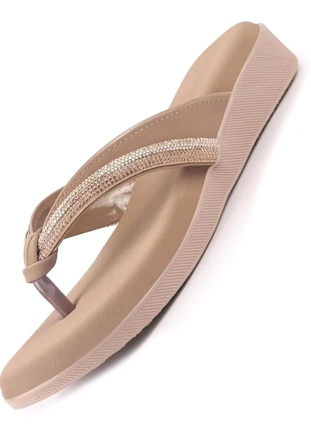 FAUSTO Women Elegant Embellished Shimmery Wedding T-Strap Flat Slip On Slippers | Soft Cushioned Footbed | Party, Reception, Festive